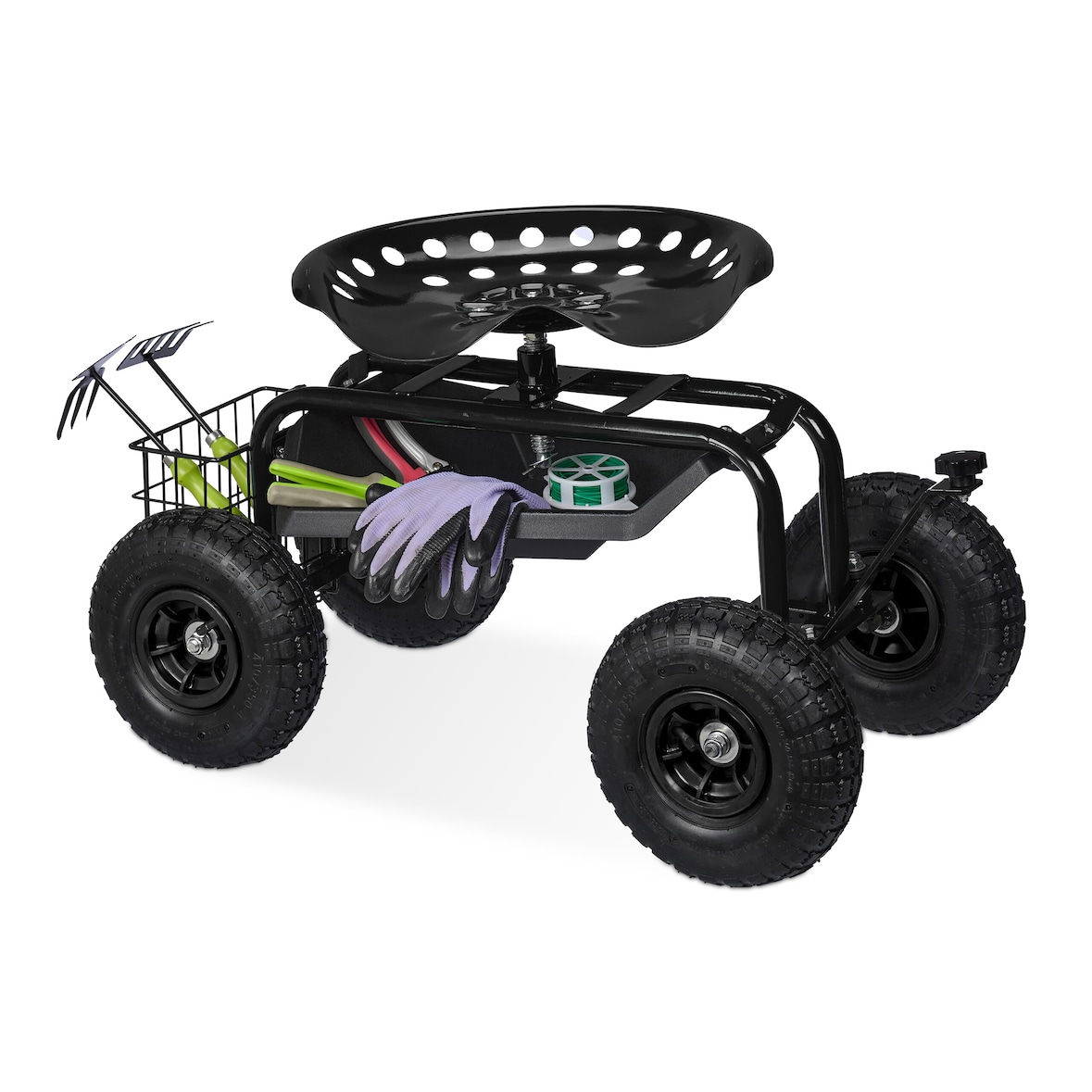 Relaxdays fahrbarer Gartensitz, höhenverstellbar, 150 kg, Stauraum, Rollsitz Gartenarbeit, Stahl, Luftreifen, schwarz