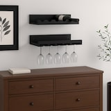 thumbnail of Conjunto de 2 prateleiras para vinhos HWC-P22, suporte de vidro/garrafas para 6 garrafas/15 copos em madeira com certificação FSC® 61x28cm ~ preto