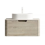 thumbnail of Badezimmer-Waschtisch 50×80×46 cm mit ovalem Waschbecken aus Keramik und Travertin-Sintersteinplatte, Eiche Beige+Off White+Weiß