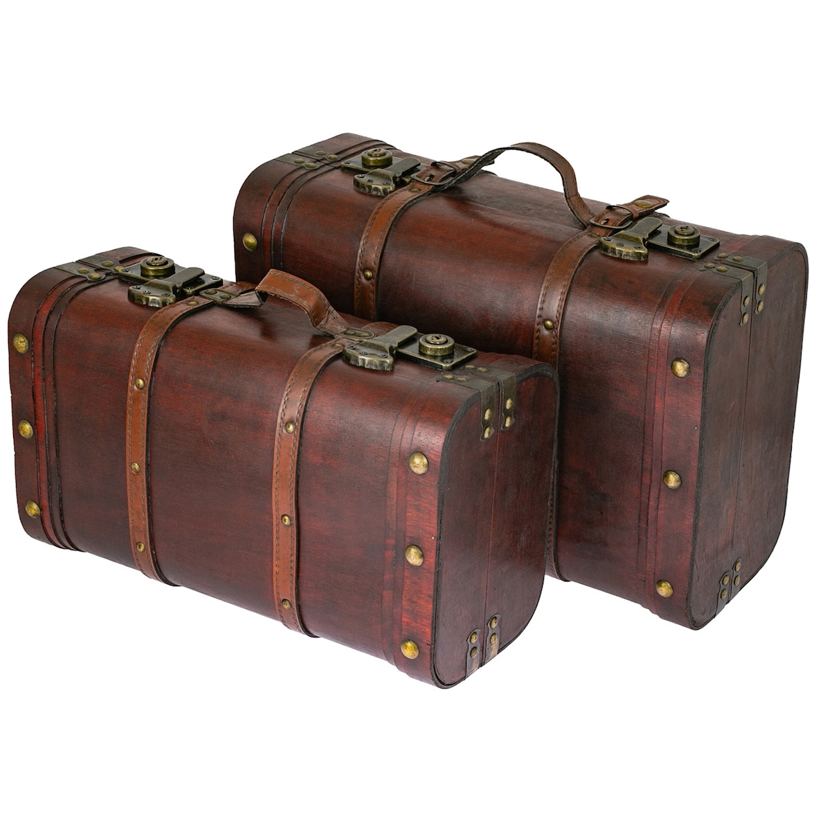 HMF Schatztruhe aus Holz, große Schatzkiste mit Schnappverschlüssen, Vintage Koffer für Geburtstag, Hochzeit oder Jubiläum, 2er Set, 40 + 45 cm, Peru