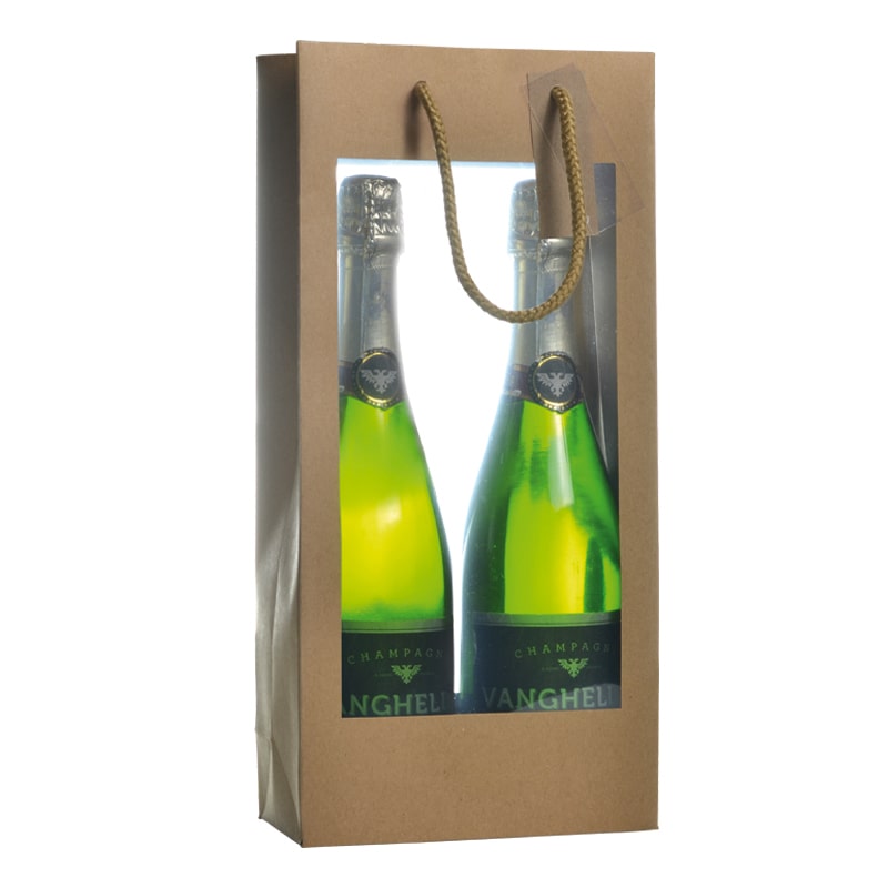 Bolsa de 2 botellas de doble ventana XL kraft marrón con asas de cordón por 100 - Gimex