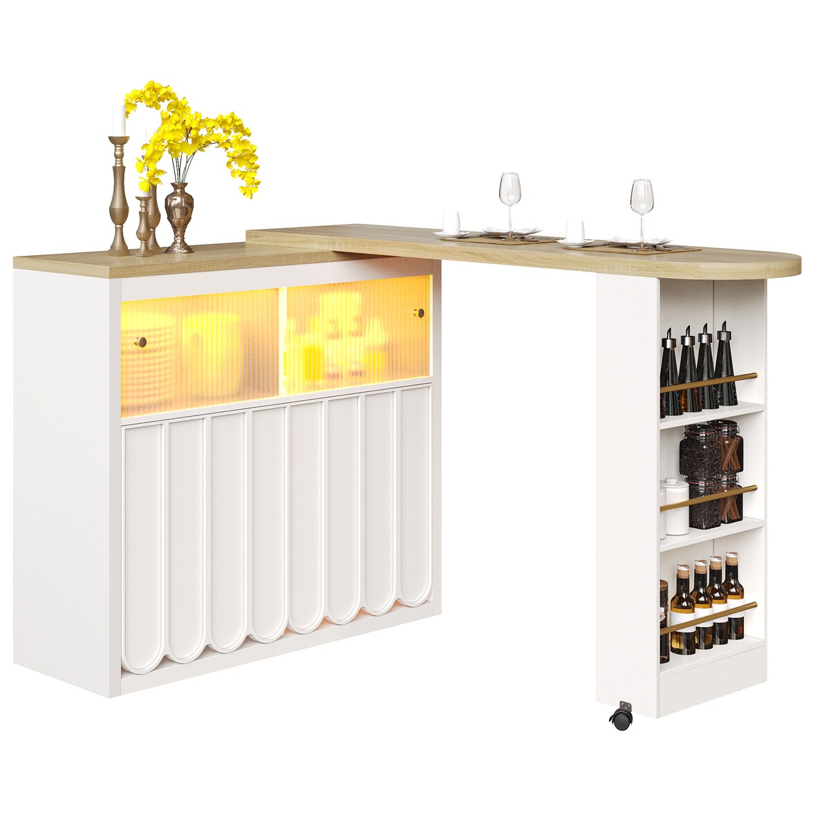 Ausziehbarer Bartisch 205x39x100 cm mit Stauraum Schiebetür Glas Rollen mit Bremsen mit LED-Beleuchtung USB Anschluss Weiß MDF