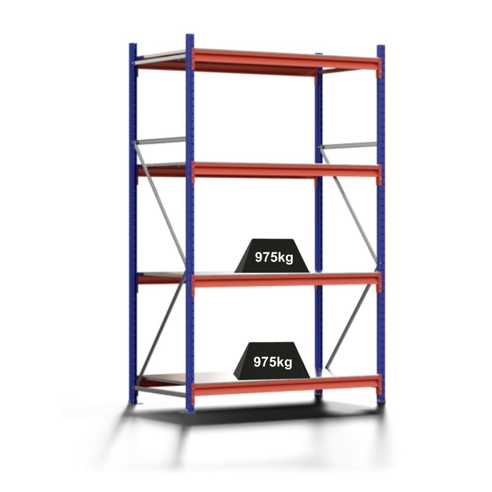 PROREGAL Weitspannregal MOOSE Stecksystem Omega-Profil, Grundregal, HxBxT 250x150x80cm, 4 Ebenen, Spanplatten-Fachboden, Fachlast 975kg, Blau/Orange