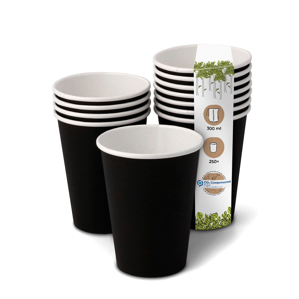 BIOZOYG 250 Stück Einwegbecher 300ml / 12oz Pappbecher Einmalbecher schwarz bedruckt Kaffee Heißgetränke Recycling biologisch kompostierbar