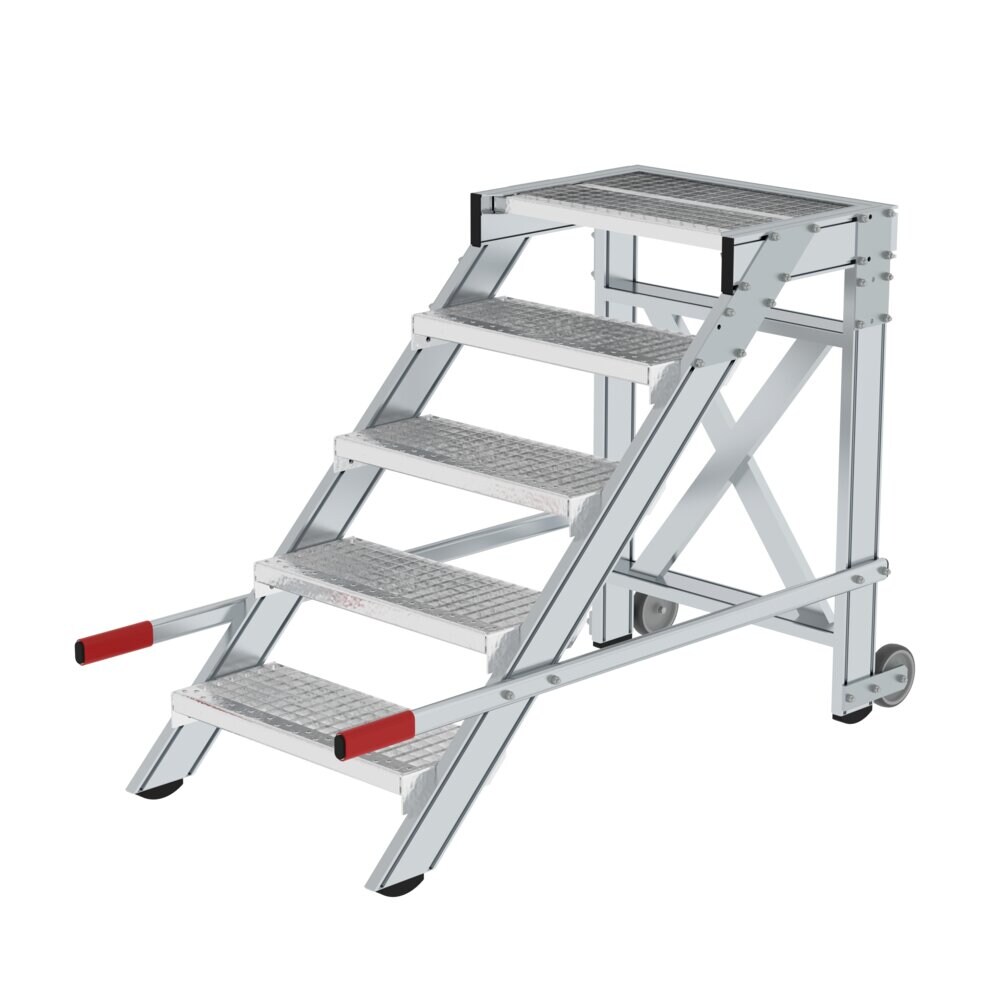 PROREGAL Arbeitspodest fahrbar | Stufenbreite 60cm | 5 Stufen | Stahl-Gitterros | Rutschfeste Kunststoffschuhe