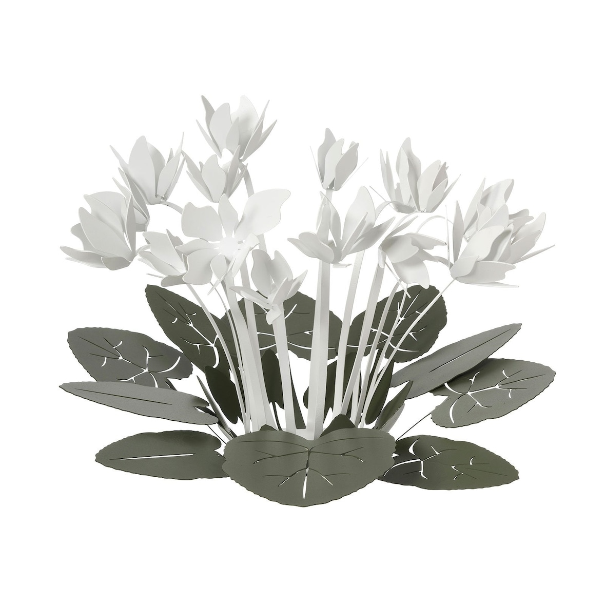 Dekorativer Tafelaufsatz Ciclamino Ø38 cm aus Eisen, Salbeigrün und Weiß, modernes Blumendesign für Tisch oder Wohnzimmer, hergestellt in Italien