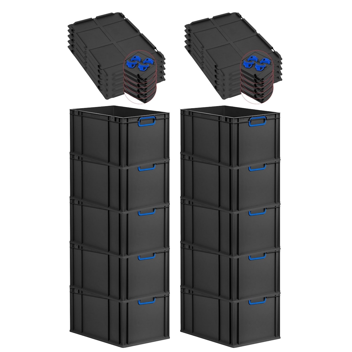 PROREGAL SparSet 10x Eurobox NextGen Color mit Auflagedeckel & Verschlüsse, HxBxT 32x40x60cm, 65L, Schwarz, Griffe blau zu, Eurobehälter