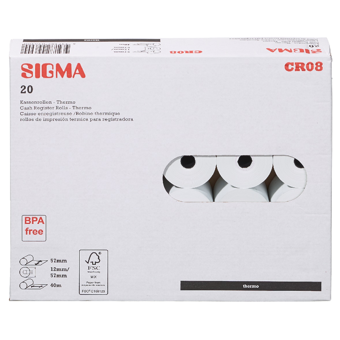 SIGMA Thermische kassarollen CR08, 57 mm x 40 m, 20 stuks
