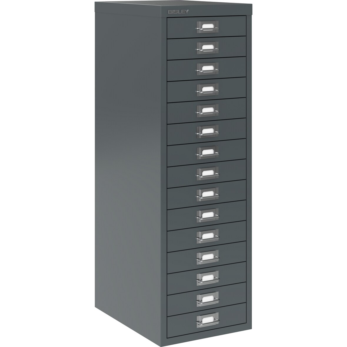 Bisley Multidrawer Schubladenschrank aus Metall mit 15 Schubladen DIN A4 ohne Sockel - Farbe: Anthrazitgrau