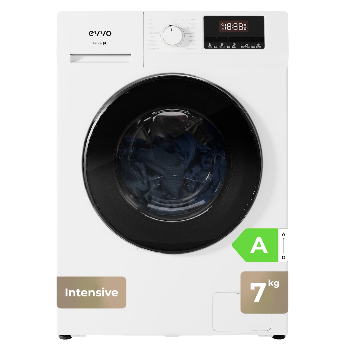 EVVO Lavadora 7 kg carga frontal Terra N7, 1400 rpm, Clase energética A, Motor eDRIVE inverter, 16 programas