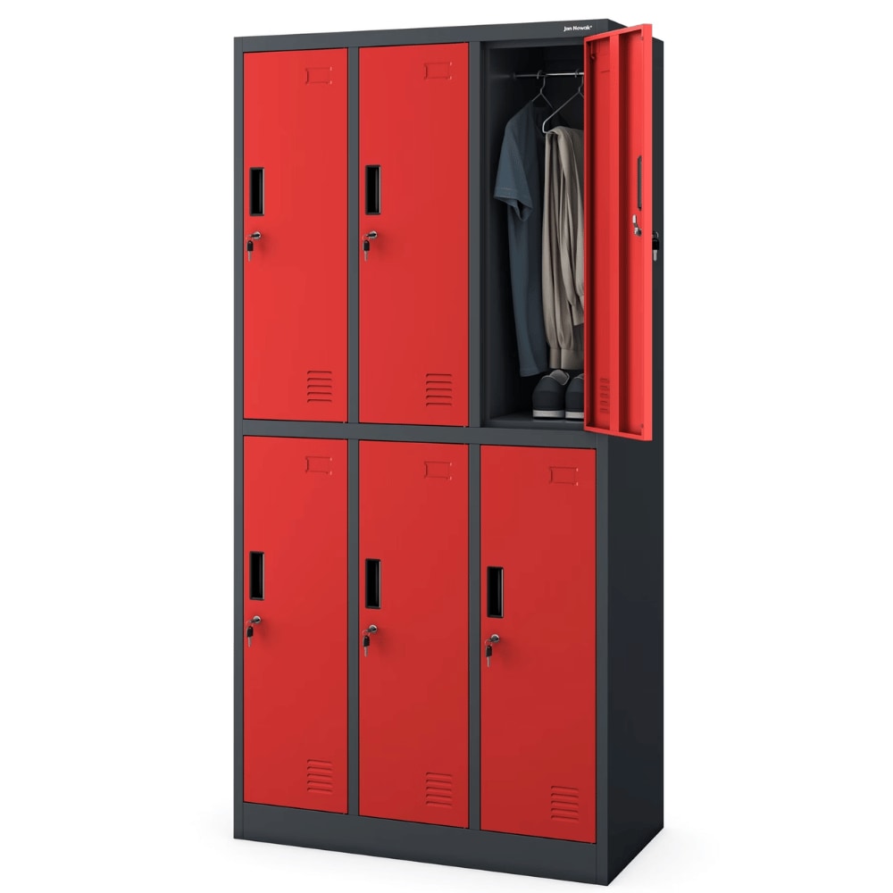 Umkleideschrank Spind TOKIO - 6 Abteile, Etikettenhalter | Umkleidespind Schließfachschrank Garderobenspind, 185x90x45cm Anthrazit-Rot