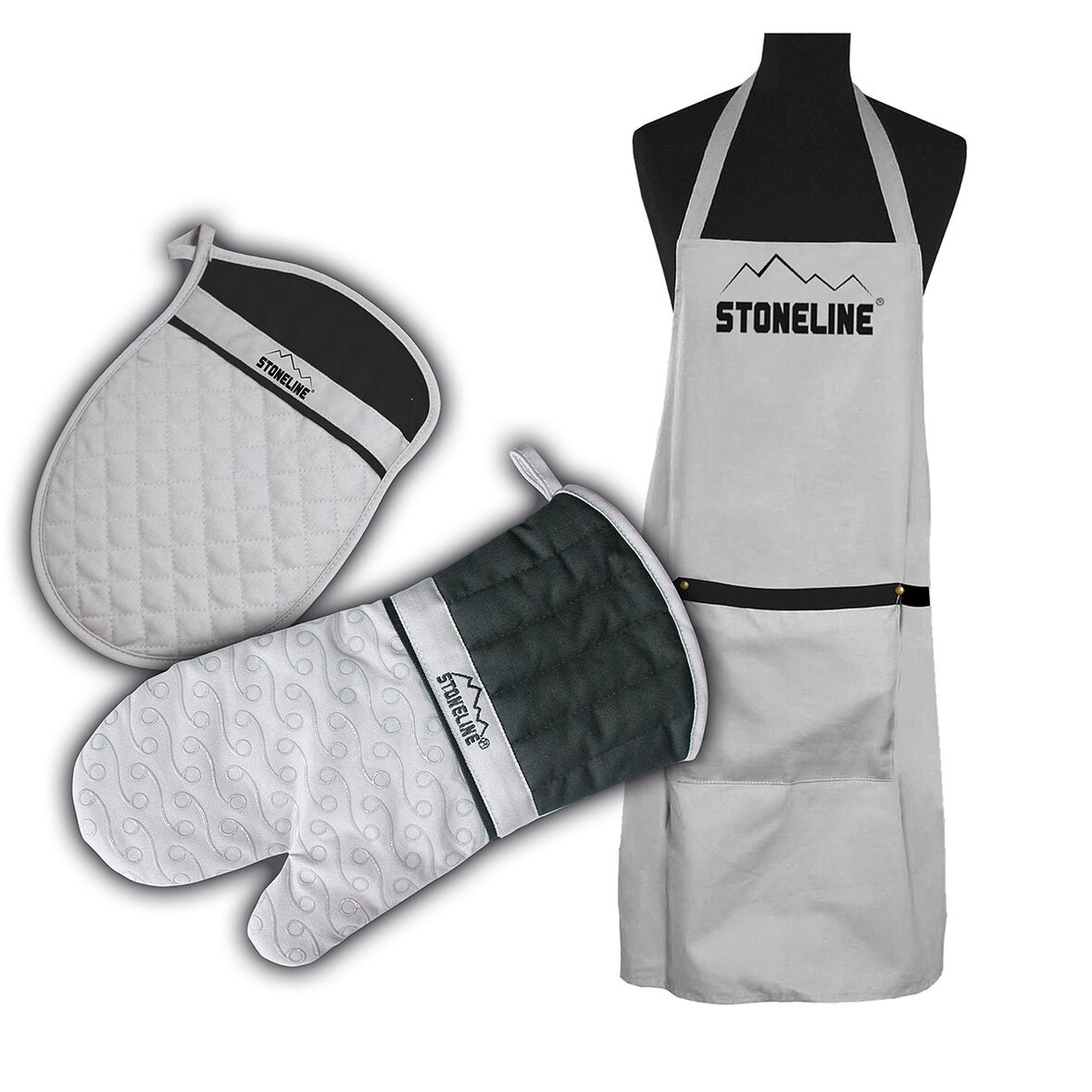 STONELINE® Back- und Küchenset, 3-tlg. Backschürze, Topfhandschuh und Topflappen