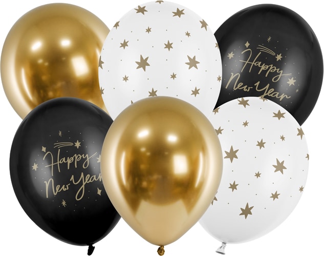 6 Luftballons Silvester gold schwarz Mix