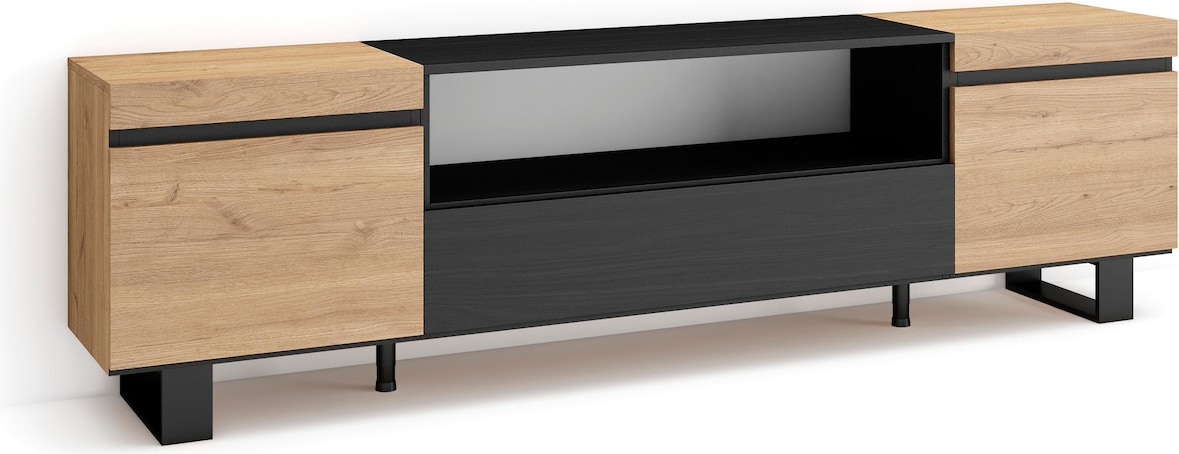 Mueble TV, Televisión, 200x57x35cm, Para TV hasta 80", Diseño industrial, Roble y negro _ 47_18