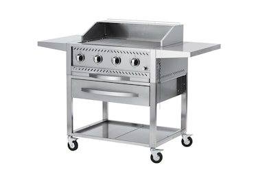 METRO PROFESSIONAL Barbacoa de gas con 4 quemadores, acero inoxidable, 146 x 70 x 111 cm, con 4 ruedas, con funda protectora, plateado
