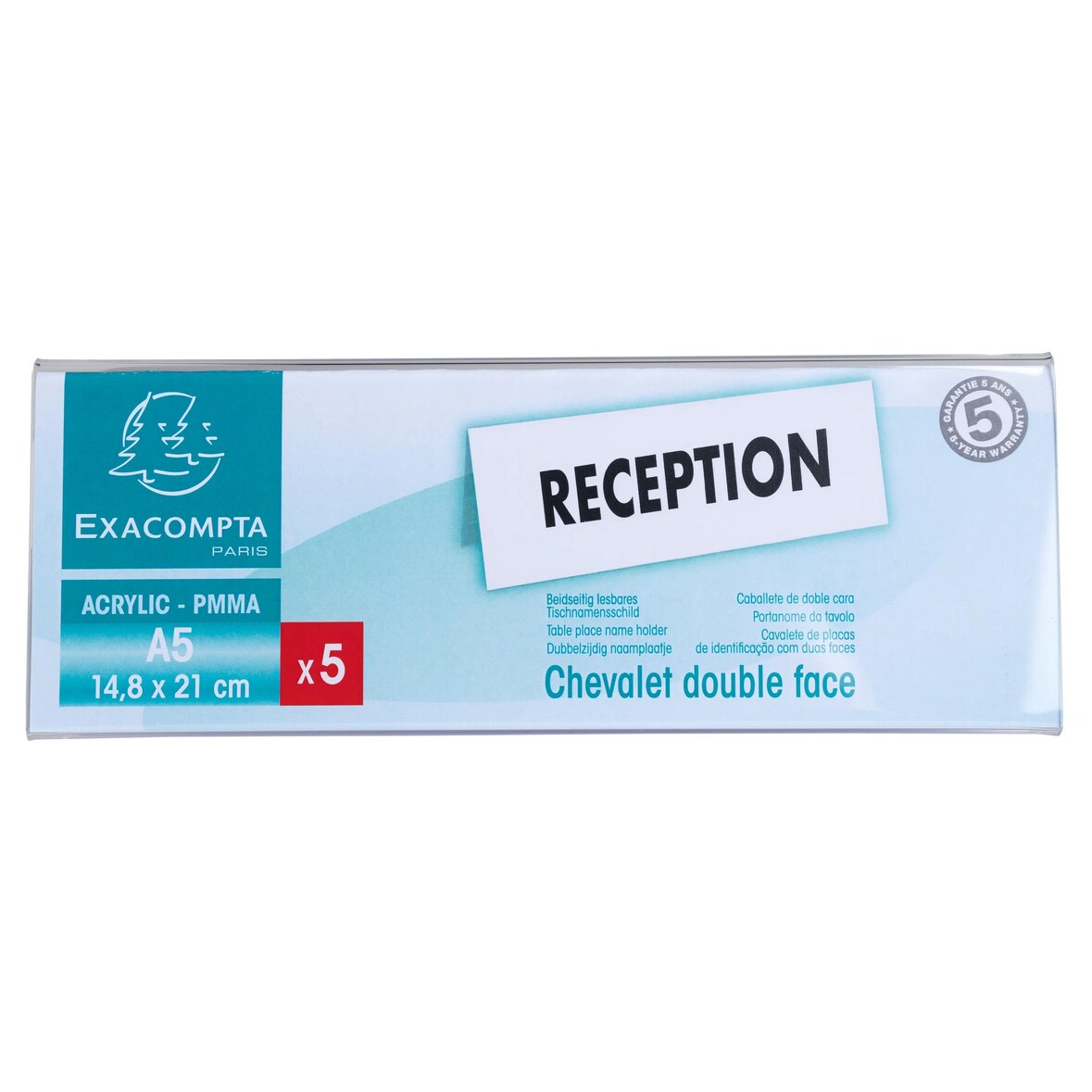 EXACOMPTA Portanome da tavolo per formato A5, cod. 85358D in PMMA (acrilico) alta trasparenza, resistente ai raggi UV. Confezione da 10 pezzi.