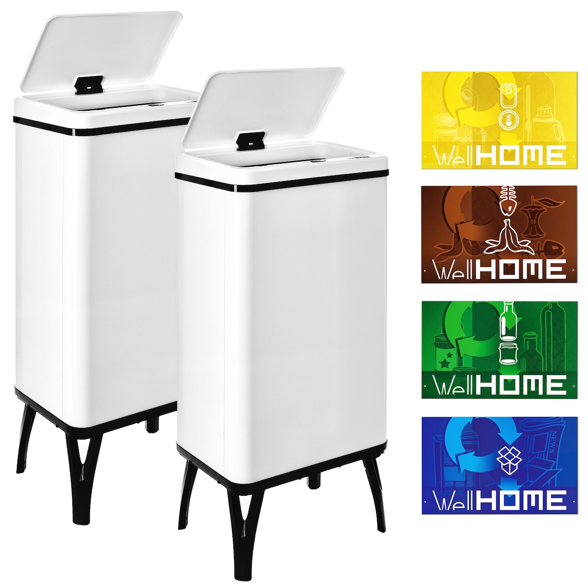 WellHome - 2er-Set Intelligenter Mülleimer 50L in Weiß mit Magnetetiketten 35,5x26x83,5 cm