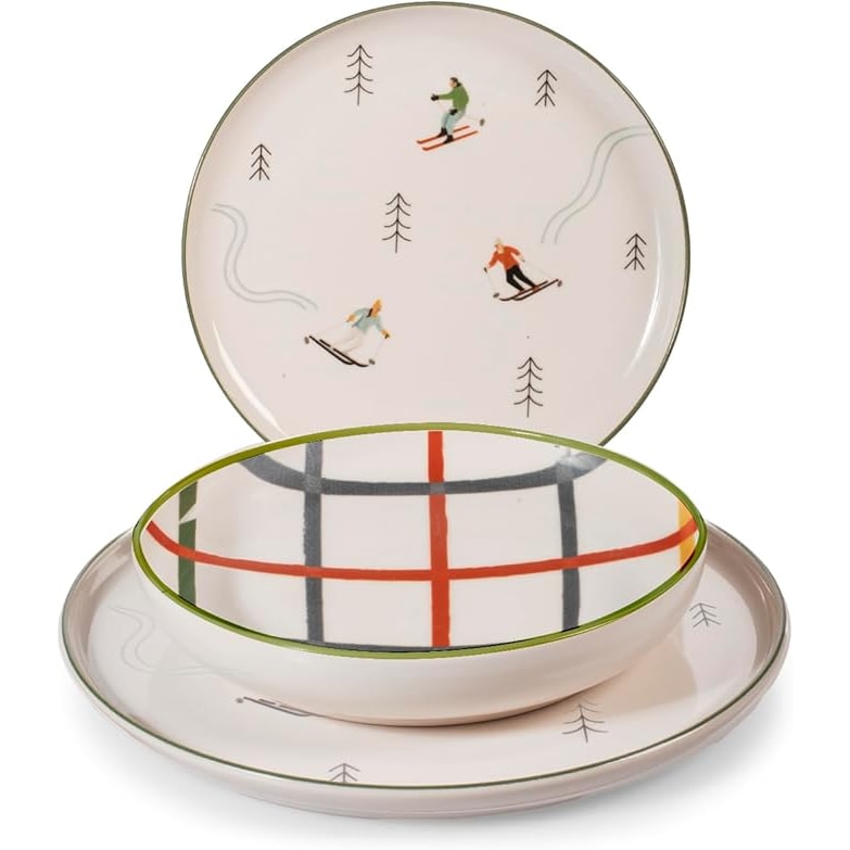 H&H Servizio Tavola 18 Pezzi Ski Holiday in Stoneware Decorato – Stile Invernale e Natalizio – Piatti con Sciatori e Quadri