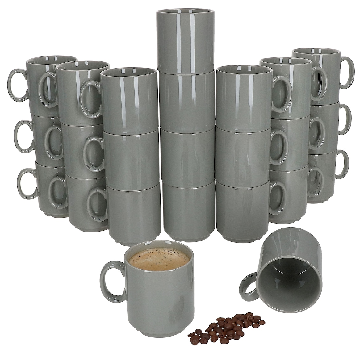 24er Set EVENT stapelbare Kaffeebecher GRAU Porzellan 250 ml