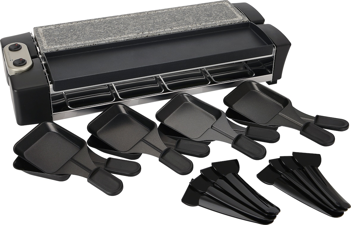 Tarrington House Raclette-Grill RG1182L, acero inoxidable/piedra/aluminio,  51 x 19.4 x 10.59 cm, 1100 W, antiadherente, para 8 personas, negro
