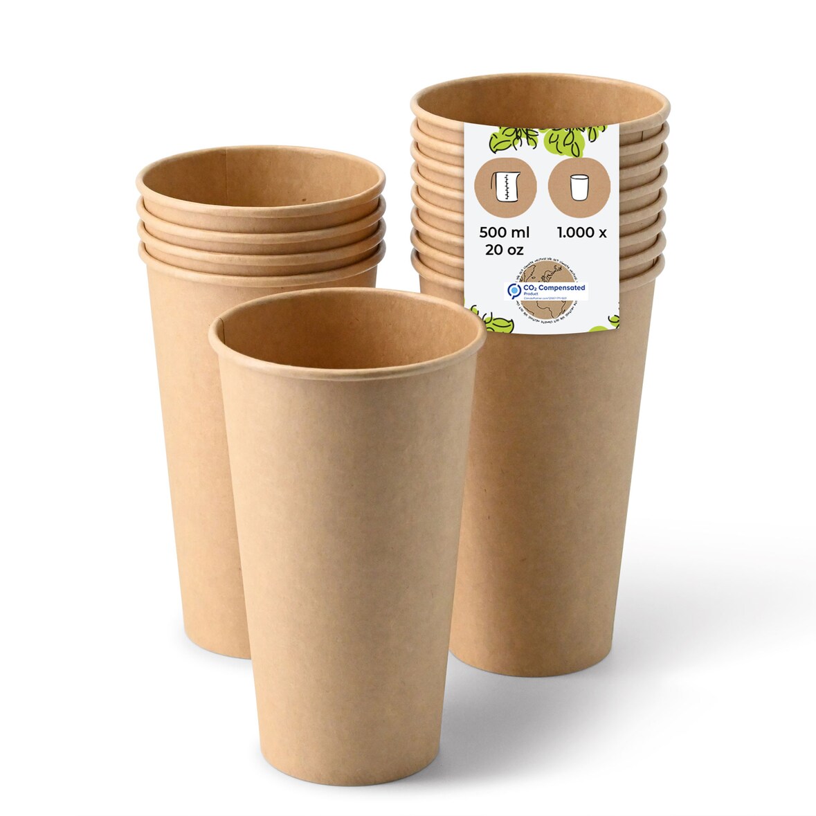 BIOZOYG Pappbecher 1000 Stück 500 ml / 20 oz, Ø 90 mm, weiß - Becher für Heißgetränke - Kaffeebecher to go Einwegbecher, Alternative zu Styroporbecher
