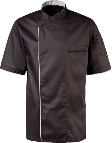 224 - Kochjacke halbarm, Druckknöpfe, Fb. schwarz mit farbiger Paspel : silbergrau 65% Polyester 35%Baumwolle 220 g/m² M