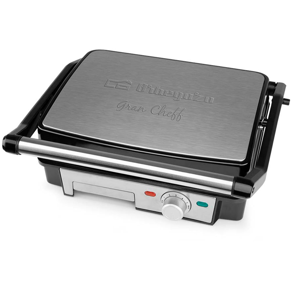 Orbegozo grill GR 4570, 2 placas abatibles 180, superficie asado grill, recubrimiento antiadherente libre de PTFE y PFOA, termostato regulable, 2200 W