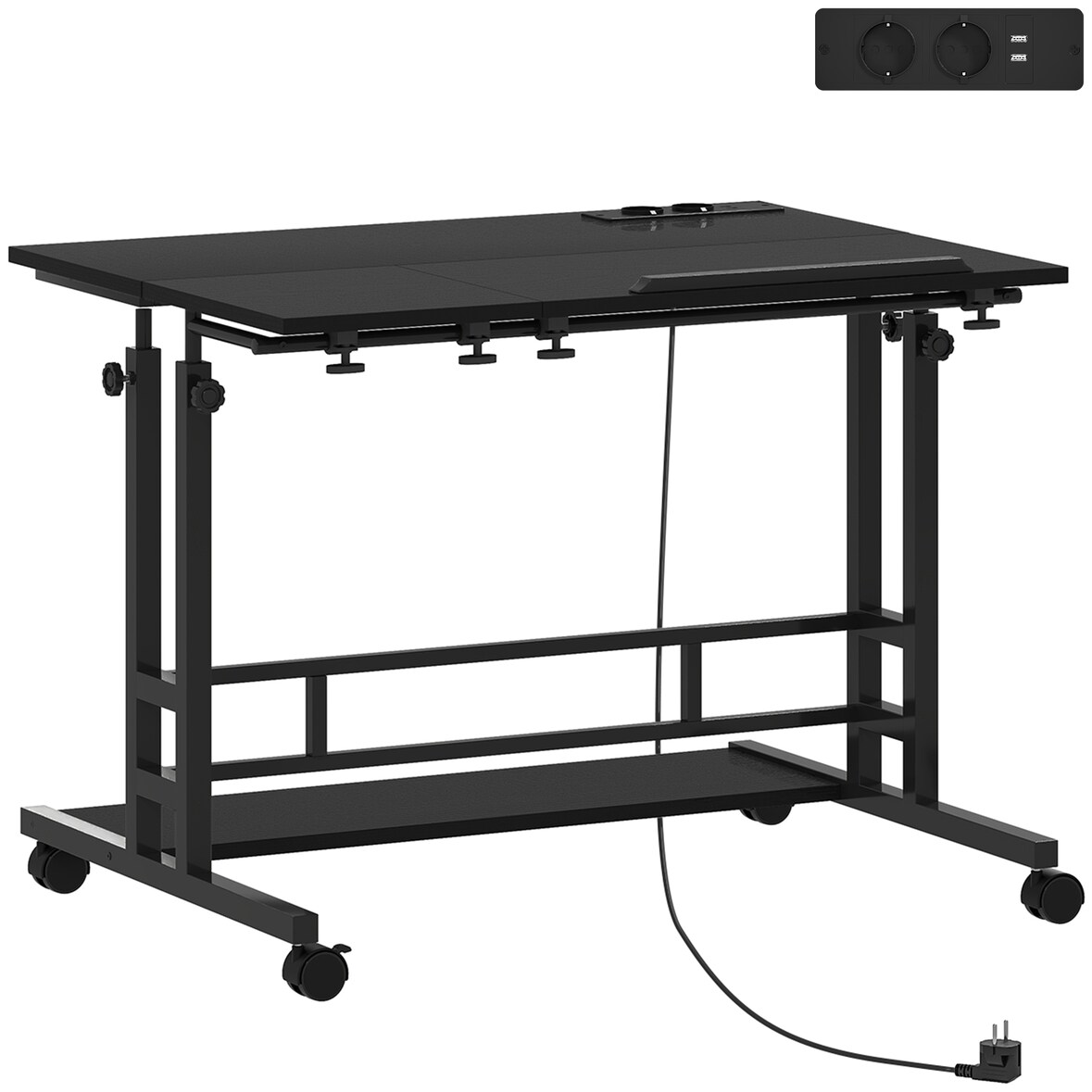 HOMCOM escritorio elevable con ruedas, enchufes, puertos usb, altura ajustable, panel central inclinado y estante, para oficina, hogar, 80x60 cm negro