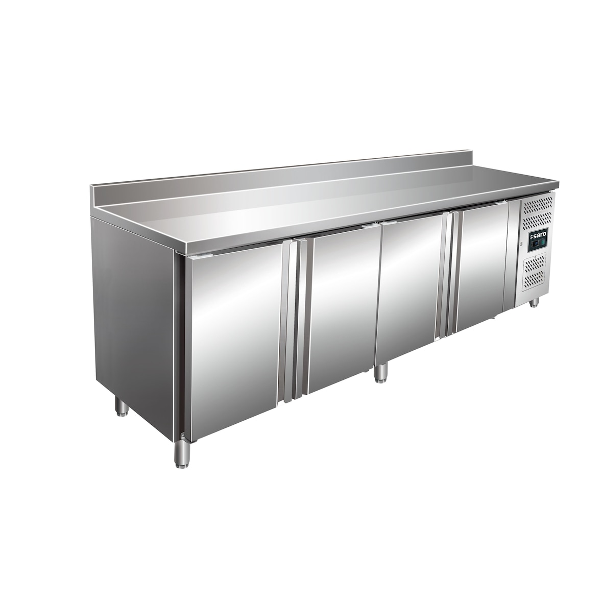 Saro Kühltisch mit 4 Türen und Aufkantung Modell SNACK, B 2230 x T 600 x H 990 - 1050 mm