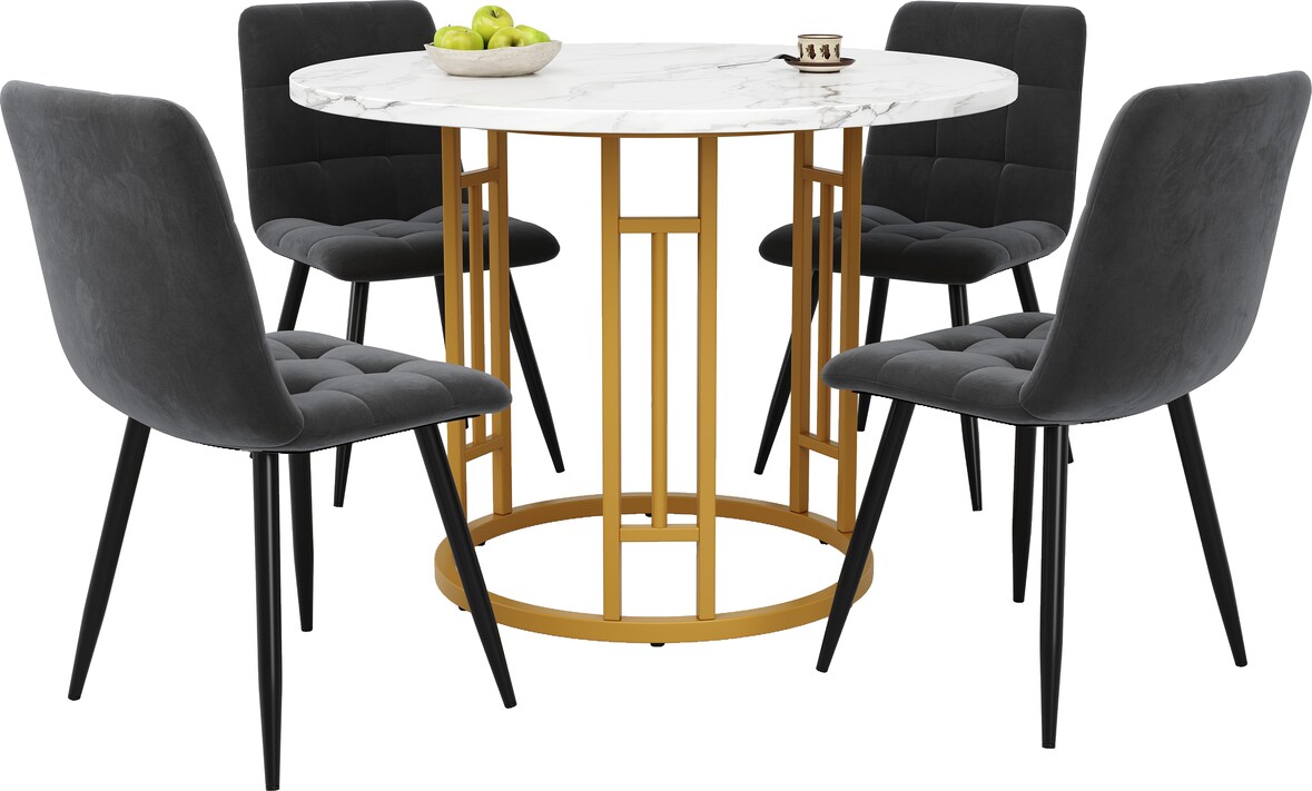 Essgruppe 5-teilig Esstisch Set Rund Tisch und 4 Stühle Gold+Grau 80x80x76 cm MDF Marmor Optik Samtbezug verstellbare Füße