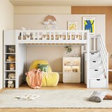 thumbnail of Hochbett 90x200 mit Stauraumleiter, Regalen und klappbaren Stauschränken, platzsparend, modernes Design, kreative Raumnutzung, Weiß