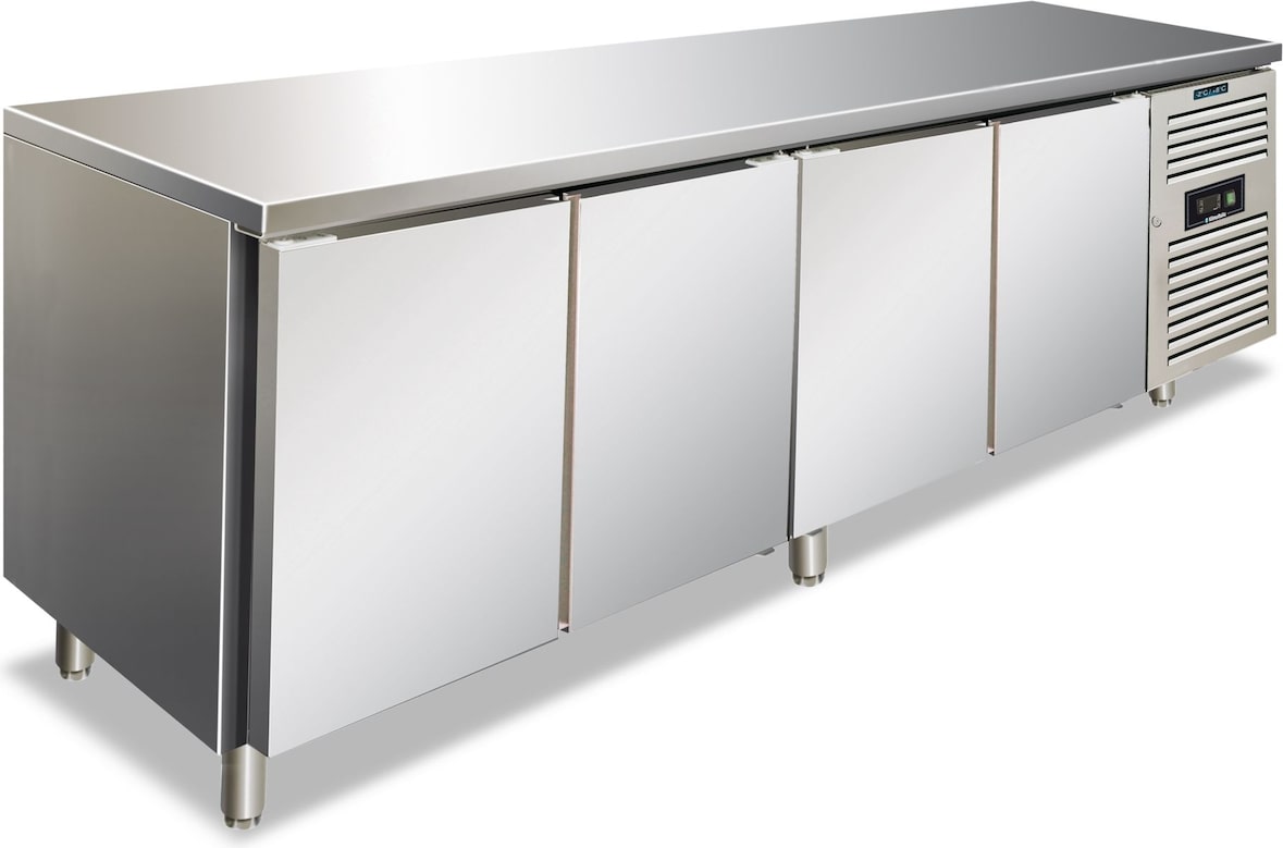 KLIMAITALIA Edelstahl-Kühltisch mit 4 Türen. Tropische C-Klasse. Automatisches Auftauen. Temperatur -2°C/+8°C.  Maße LxWxH 223x70x86 cm. CXF4100TN