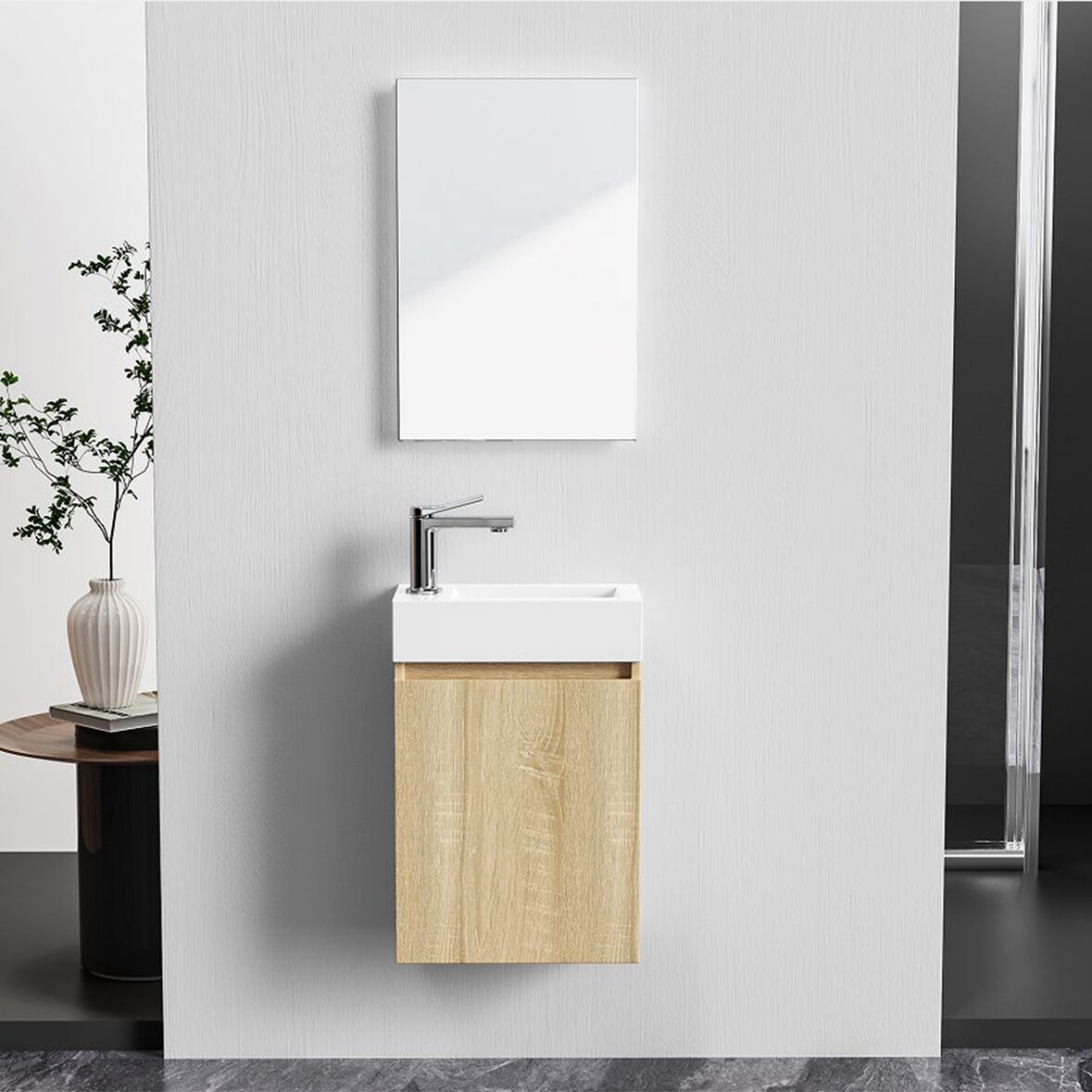 Belvit Badmöbel-Set 40 cm helle Eiche mit Waschbecken Unterschrank grifflos Soft Close umkehrbar Spiegel