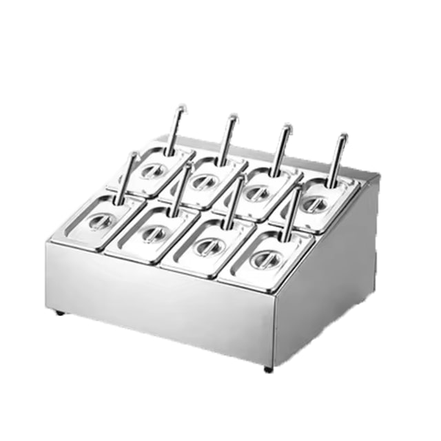 Portaoggetti in metallo per 8 contenitori GN 1/9 e 8 cucchiai con coperchio