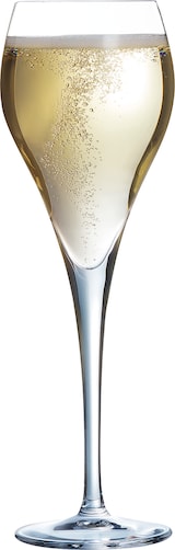 Una copa de champán con burbujas.