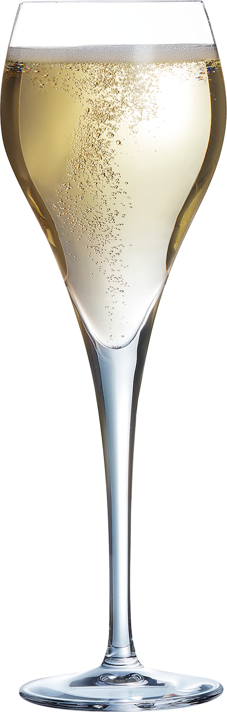 Una copa de champán con burbujas.
