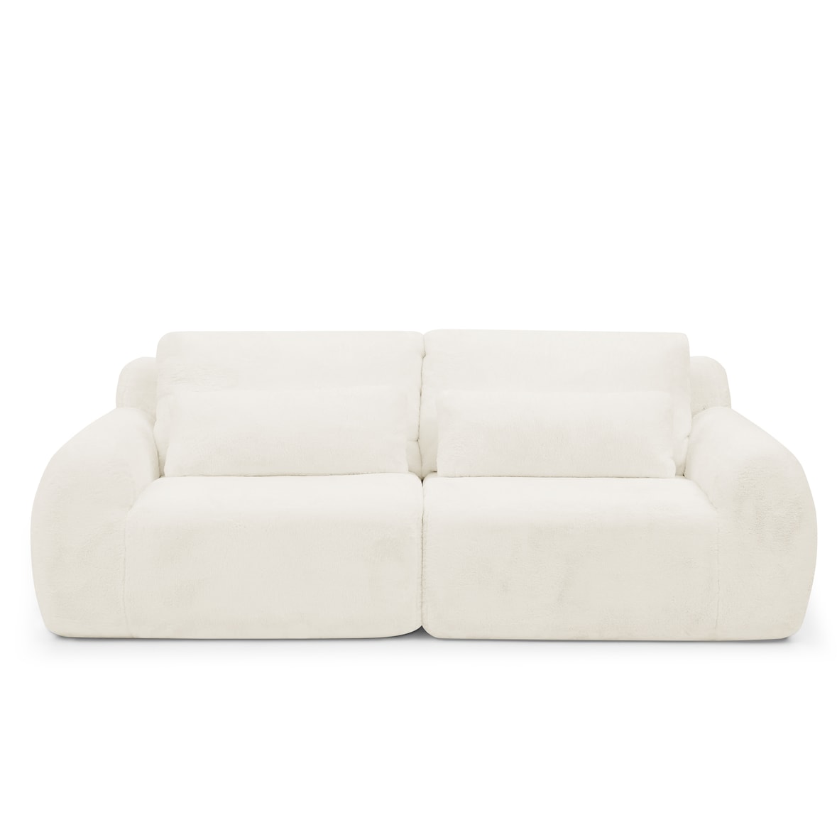 2-Sitzer Sofa aus Schaumstoff mit Kaninchenfellstoff in Beige, rahmenlos, mit USB-Ladeanschluss und Seitentasche