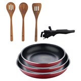 thumbnail of BERGNER - Set mit 3 Bratpfannen Ø18/20/24cm aus gepresstem Aluminium, rot, mit abnehmbarem Griff mit Set 3 Küchenutensilien aus Akazienholz