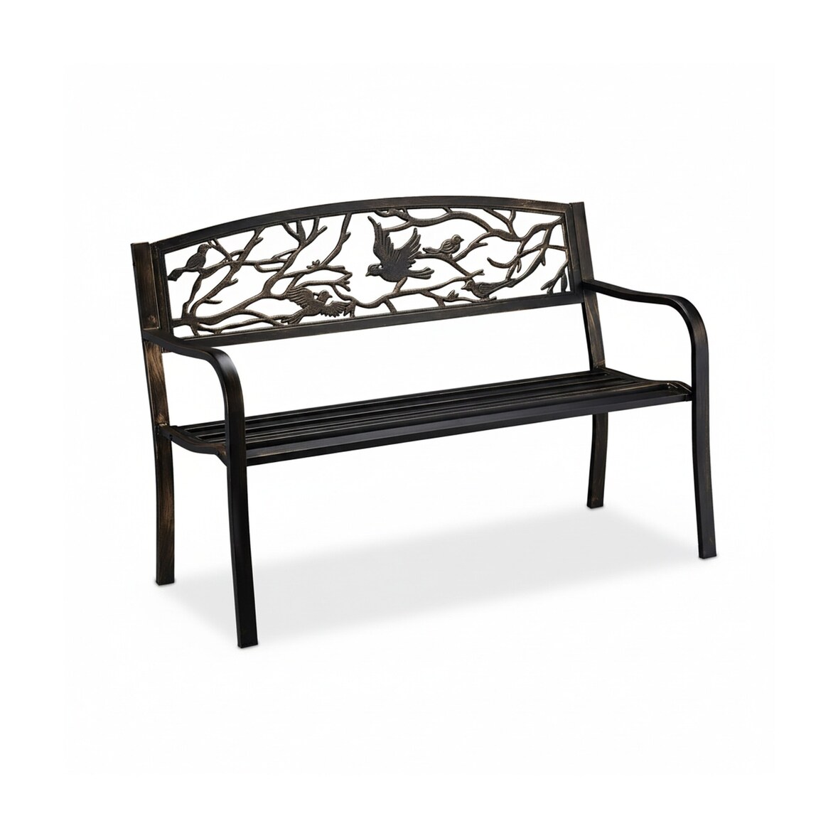Relaxdays Gartenbank, Vögel Muster, 2-Sitzer, Vintage, Garten & Balkon, Stahl, Sitzbank, 87x127x57 cm, schwarz/bronze