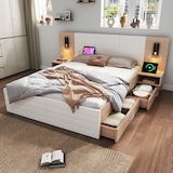 thumbnail of Doppelbett 180x200 mit 2 Schubladen, Kopfteil Leselicht USB Ladefunktion, 2 Nachtkommoden, Massivholz MDF, Stauraum, Eiche Weiß