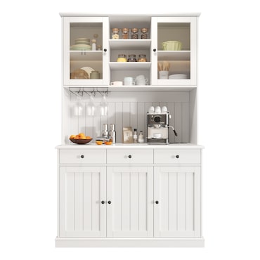 Merax Buffetkast 120 x 40 x 191 cm, hoge vitrinekast met glazen deuren, barvak, glashouder, stopcontacten, USB-A en USB-C, wit