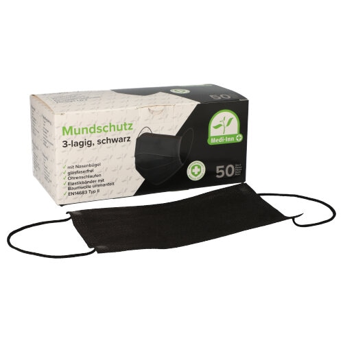 50 Medi-Inn® Mundschutz Type II, 3-lagig 9 cm x 17,5 cm schwarz mit Nasenbügel