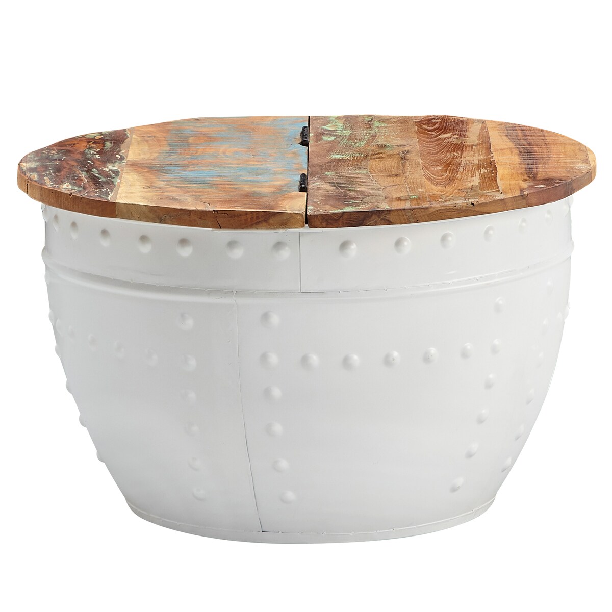 Massivholz Couchtisch `Serchio`: Industrieller Stil, klappbare Tischplatte, Metallgestell. Weiß, 60x60x36 cm | Kadima Design