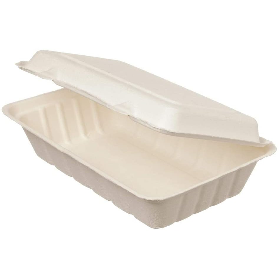 DeinPack Bio Einweg Bagasse Lunch-Box ungeteilt  mit Klappdeckel 650 ml I 50 Menüschalen rechteckig 16x24 cm weiß