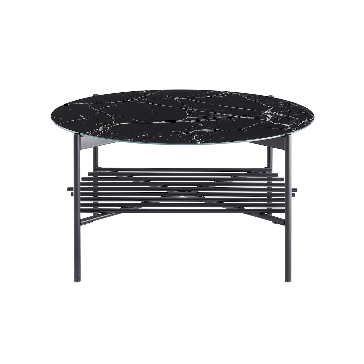 SalesFever Mesa de centro Ø 84cm | rodada | Placa de vidro de 6 mm em aspecto mármore | Estrutura metálica | L 84 x P 84 x A 43 cm | Preto