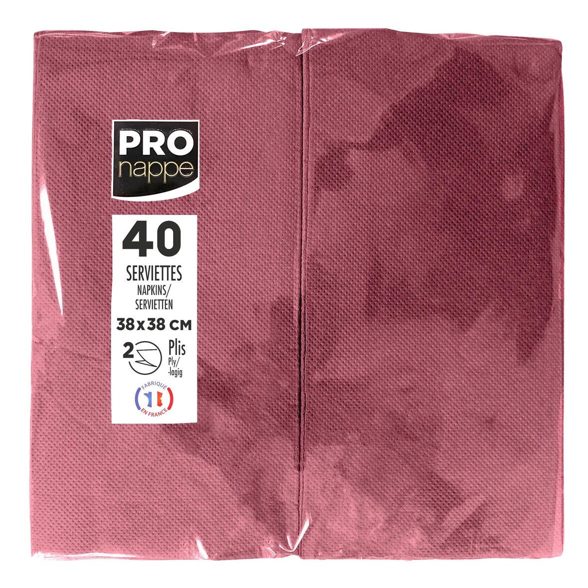 Pronappe - Réf.SV623908I - Carton de 1200 Serviettes ouate 2 plis - papier micro gaufré - pliées 1/8 - 38x38 cm - 30 paquets de 40 serviettes Bordeaux