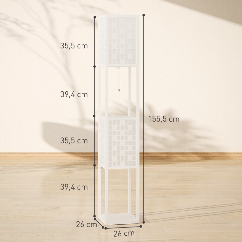 Ein weißer Stehlampe mit Regalen.
