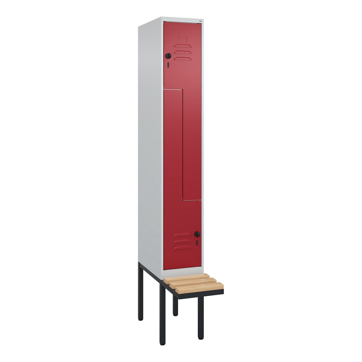 C+P Z-Spind Classic PLUS, schwebender Sitzbank aus Buche 2 Abteile, HxBxT 212x30x82cm, Sicherheitsdrehriegel, Hellgrau/Rubinrot von PROREGAL