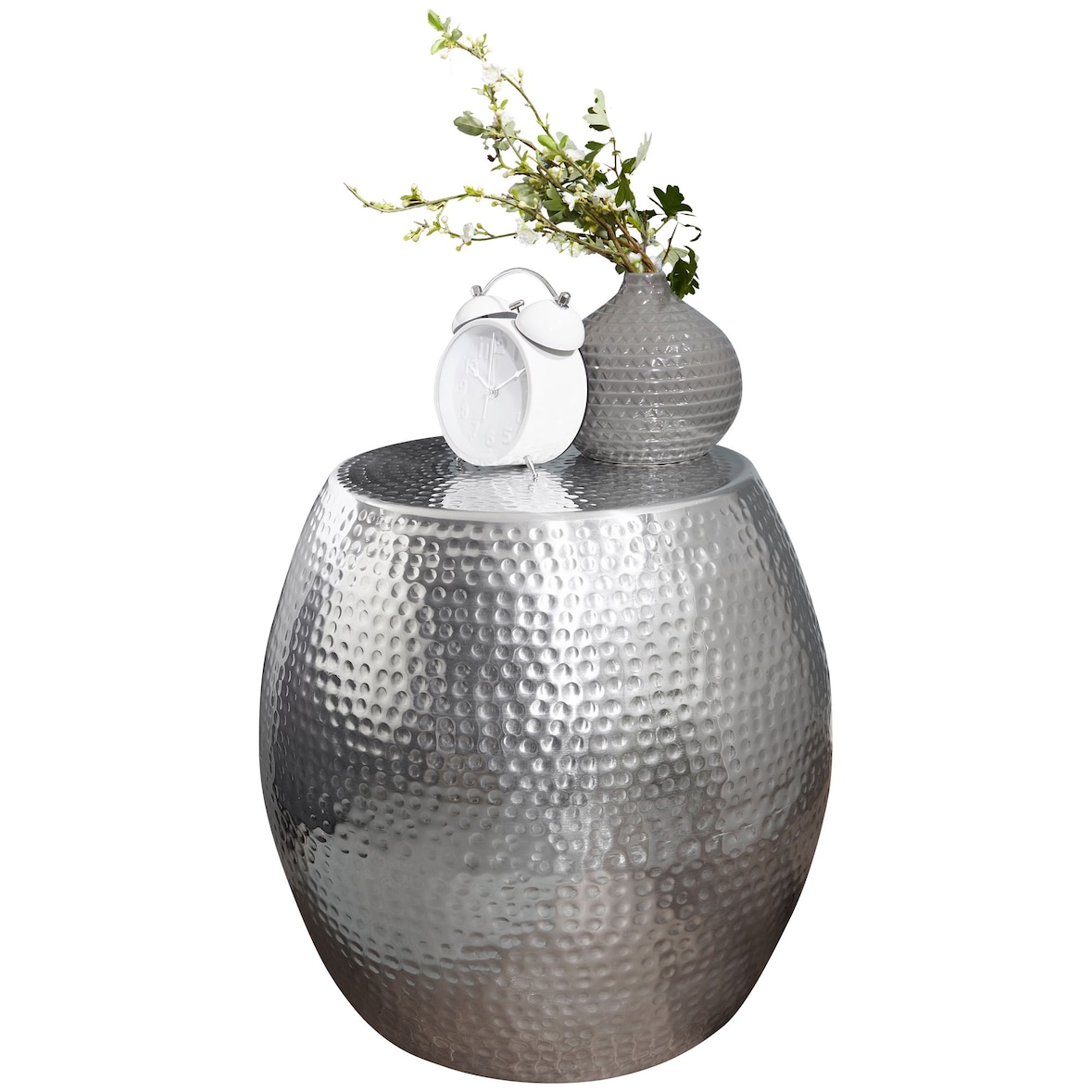 Beistelltisch 42 x 42 x 42 cm Aluminium Silber Dekotisch Orientalisch Rund, Designer Ablagetisch Metall Modern, Anstelltisch Schmal , Kleiner