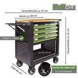 thumbnail of Werkstattwagen Profi Compact bestückt 85 x 68 x 46 cm Holzplatte 4 Schubladen Lochwand Ablage grün